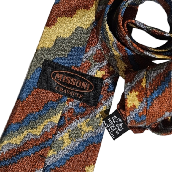 MISSONI Blue/Brown Geometric Art Silk LUXURY Tie ITALY - Picture 3 of 4